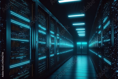 Abstract data center, server center corridor, blue neon. AI © MiaStendal