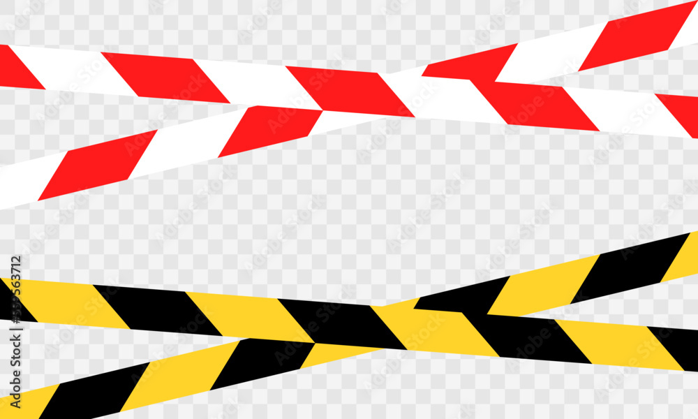 Set of crime tape on transparent background. Red-white and yellow-black warning cross ribbon. Hazard zone. Construction area. Set of crime tape on transparent background. Red-white and yellow-black warning cross ribbon. Hazard zone. Construction area.