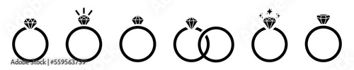 Set of rings with diamonds vector icons. Rings with shiny precious stones. Luxury gem. Vector 10 Eps.
