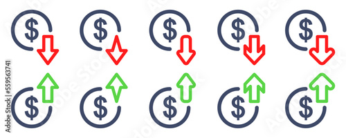 Set of money arrows up and down. Symbol dollar with arrows. Increase and decrease profit. Drop or loss economy. Vector icons set.