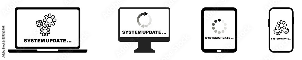 System update on devices : laptop, phone, computer and tablet. Installation new update. Process install software. Vector icons. System update on devices : laptop, phone, computer and tablet. Installation new update. Process install software. Vector icons.