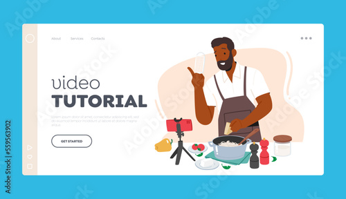 Cooking Video Tutorial Landing Page Template. African Chief Blogger Cook Online, Virtual Culinary Classes Concept