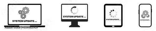System update on devices : laptop, phone, computer and tablet. Installation new update. Process install software. Vector icons.