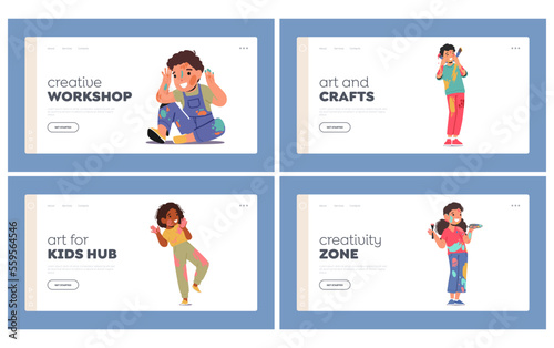 Little Kids Painting Landing Page Template Set. Cute Children Characters with Dye Spots on Clothes, Face and Hands