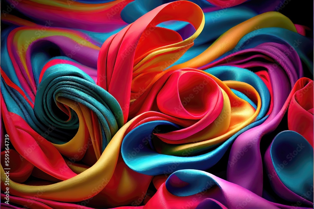 Bright, colorful silk pattern. messy and ruffled yet smooth, soft, and luxurious silk texture. Generative AI