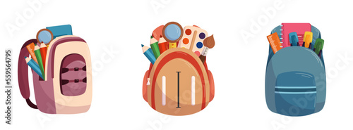 Set Of Student School Bags Full Of Educational Tools. Rucksacks. Knapsacks, Backpacks And Schoolbags For Kids