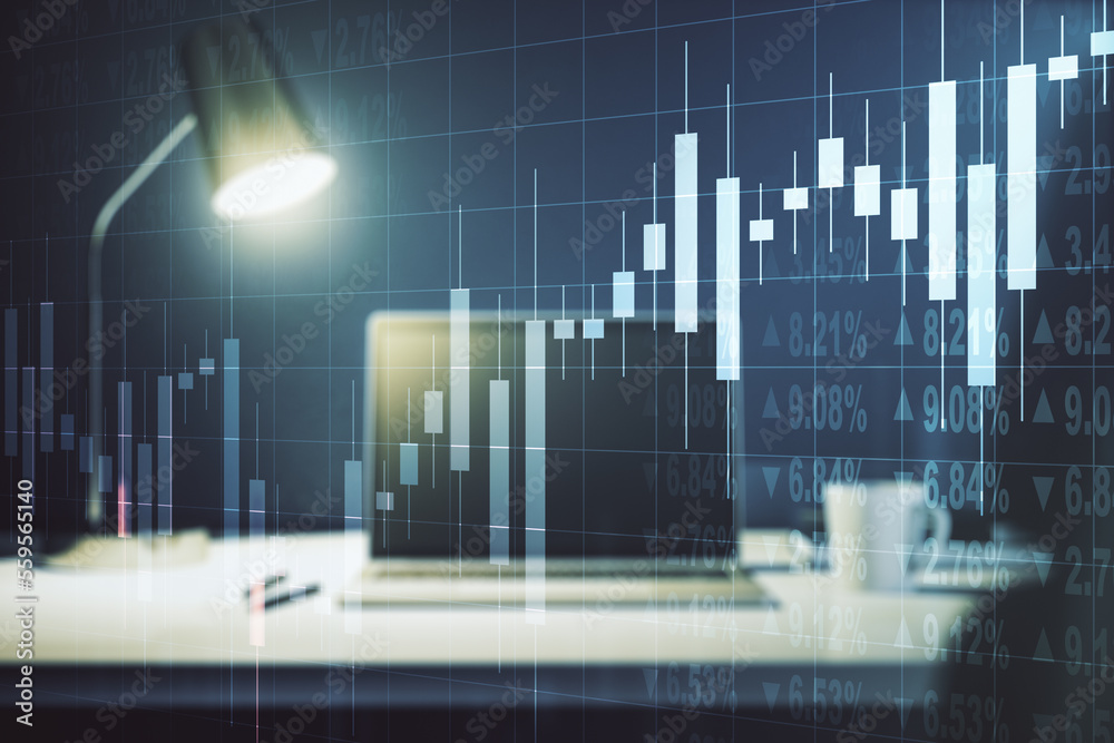 Naklejka premium Double exposure of abstract creative financial chart on modern laptop background, research and strategy concept