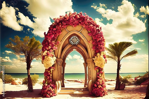 Tropical Beach Wedding Altar - Exotic floral wedding altar on sandy tropical beach. Island getaway destination wedding with 3D shading by generative AI photo