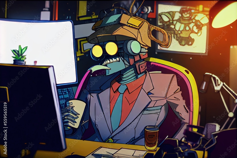 A robot wearing a suit and hat sitting at a desk working his remote job ...