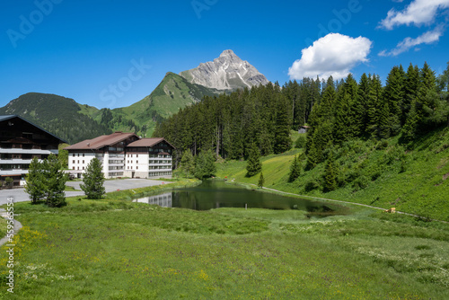 Village of Warth am Arlberg showing Seebach See and Biberkopf, State of Vorarlberg, Austria