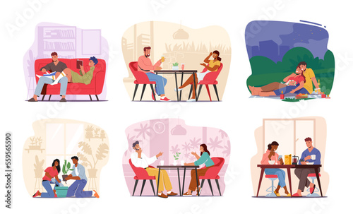 Set Happy Loving Couple Characters Relations And Sparetime. Young Man And Woman Reading Books, Dining, Romantic Date