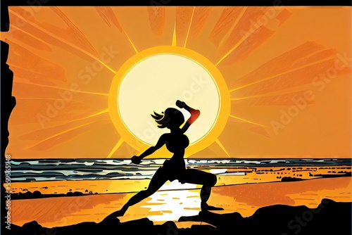 Yoga on the Beach During Sunset - 2D cel animation style drawing of a woman practicing yoga on the beach during sunset. Generative AI image with bright, colorful landscape and vibrant sky