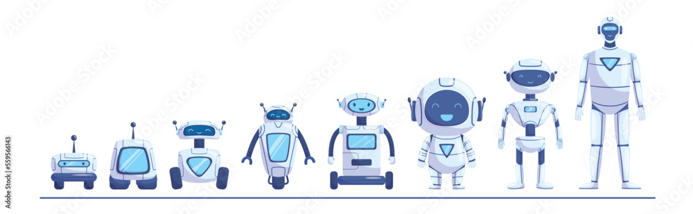 Robots Evolution, Ai Android Engineering Progress, Transformer Bots, Cybernetics Technology. Futuristic Cyborgs