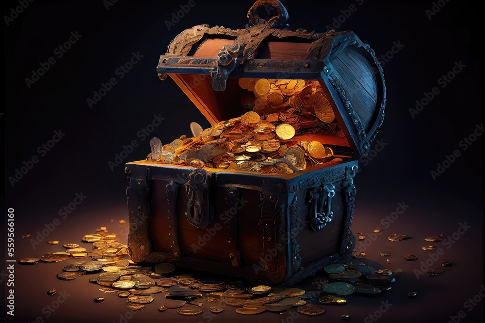An overflowing treasure chest filled with gold coins -- antique-looking  treasure chest with ornate, intricate details. Overflowing with riches.  Generative AI with 3D shading Stock Illustration