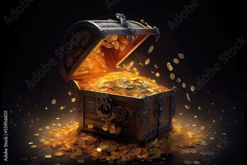 An overflowing treasure chest filled with gold coins -- antique-looking treasure chest with ornate, intricate details. Overflowing with riches. Generative AI with 3D shading
