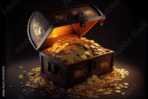 An overflowing treasure chest filled with gold coins -- antique-looking treasure chest with ornate, intricate details. Overflowing with riches. Generative AI with 3D shading photo