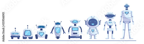 Robots Evolution, Ai Android Engineering Progress, Transformer Bots, Cybernetics Technology. Futuristic Cyborgs