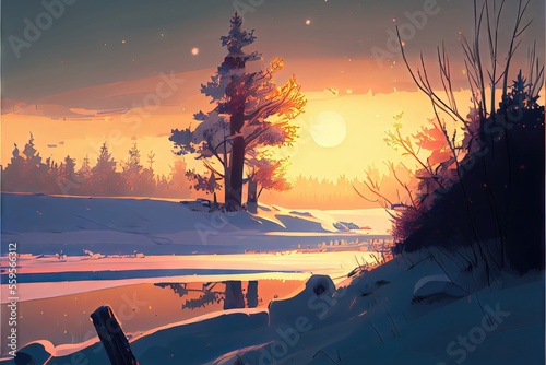 Winter Sunset - snow-covered idyllic winter scene. Natural forest and scenery. Modern and contemporary digital oil painting with 2D cel shading made to look like modern animation by generative AI © Brian