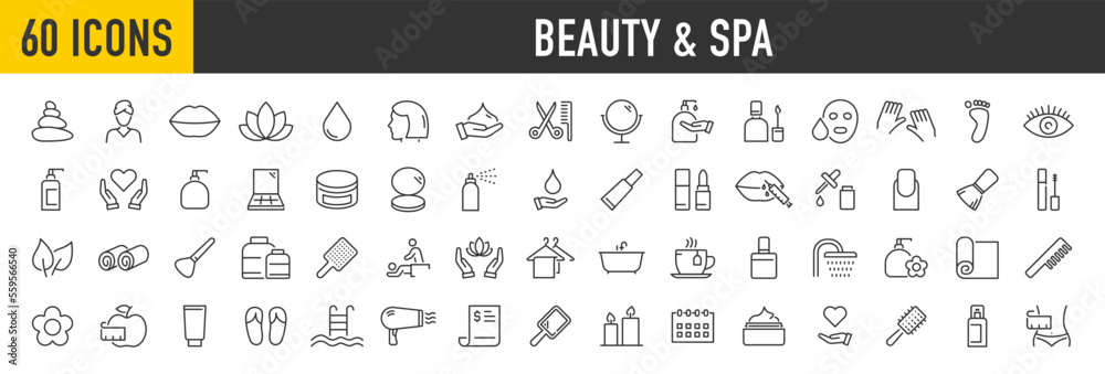 Set of 60 Beauty and Spa web icons in line style. Cosmetics, massage, candle, care and maintain healthy, treatment, salon, make up, fashion, treatment, collection. Vector illustration.