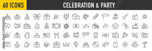Set of 60 Celebration and Party web icons in line style. Birthday, dancing, happy new year, christmas, event, holidays, congrats, music, carnival, collection. Vector illustration.