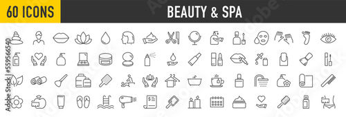 Set of 60 Beauty and Spa web icons in line style. Cosmetics, massage, candle, care and maintain healthy, treatment, salon, make up, fashion, treatment, collection. Vector illustration.