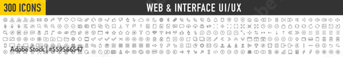 Set of 300 Interface ui, ux web icons in line style. User, profile, message, mobile app, document file, social media, button, home, chat, arrow, collection. Vector illustration.