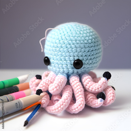 Blue Pink Amigurumi Octopus Yarn. Generative AI Handmade Animals. Craftstmanship and Craft. photo