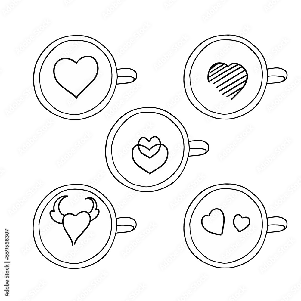 latte art, pattern in a cup of coffee (set, collection)