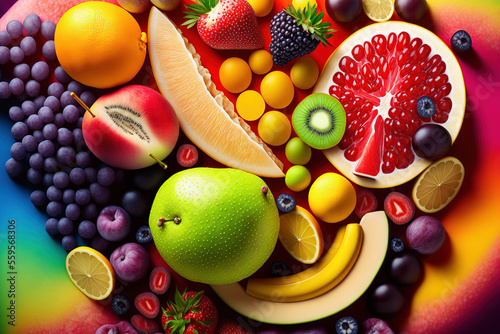 Fresh fruits assorted fruits colorful background.Vitamins natural nutrition concept.  ai generated 