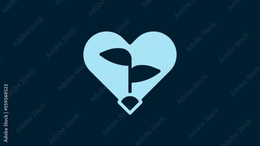 White Leaf in heart of environmental protection icon isolated on blue background. Seed and seedling. Planting sapling. Ecology concept. 4K Video motion graphic animation
