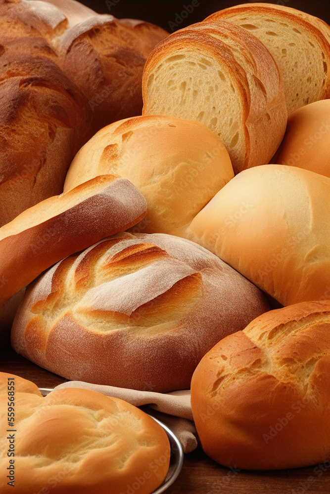 Different kinds of fresh bread as background. IA Tehnology