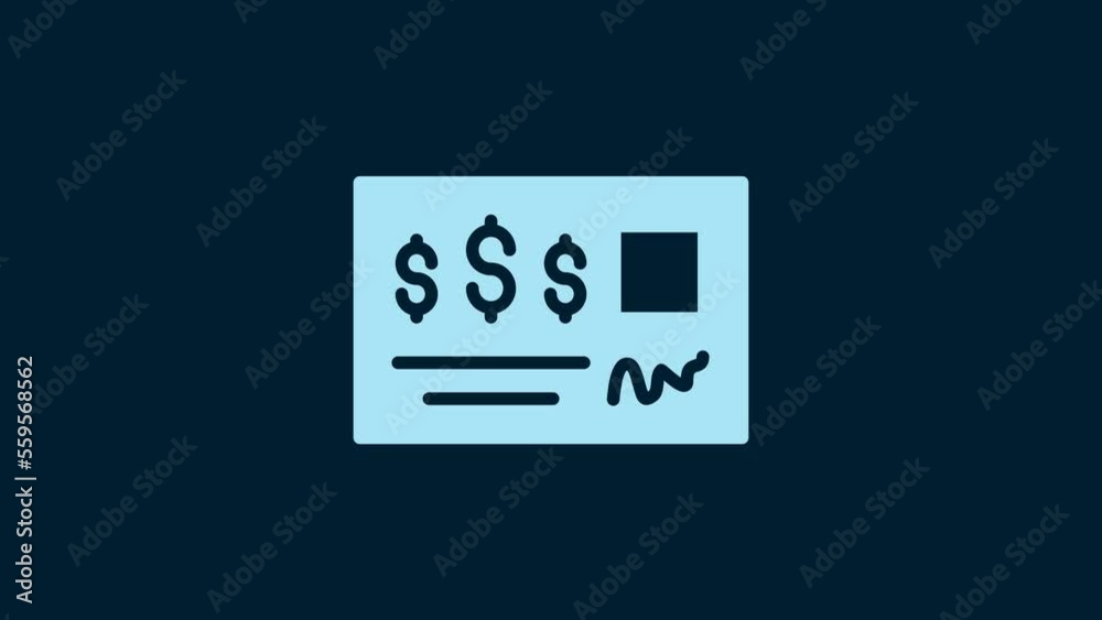 White Blank template of the bank check and pen icon isolated on blue background. Checkbook cheque page with empty fields to fill. 4K Video motion graphic animation White Blank template of the bank check and pen icon isolated on blue background. Checkbook cheque page with empty fields to fill. 4K Video motion graphic animation