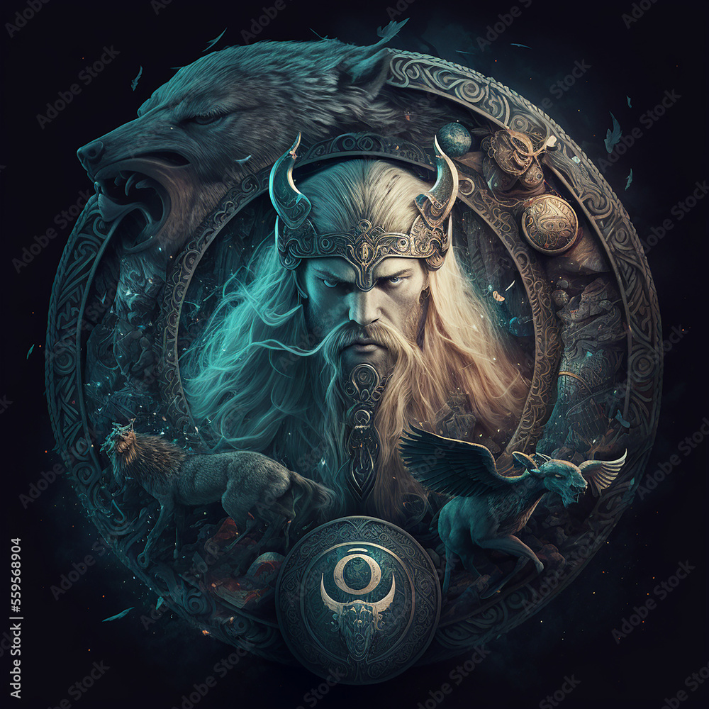 Norse mythology valhalla concept. Created with Generative AI technology.  Иллюстрация Stock | Adobe Stock