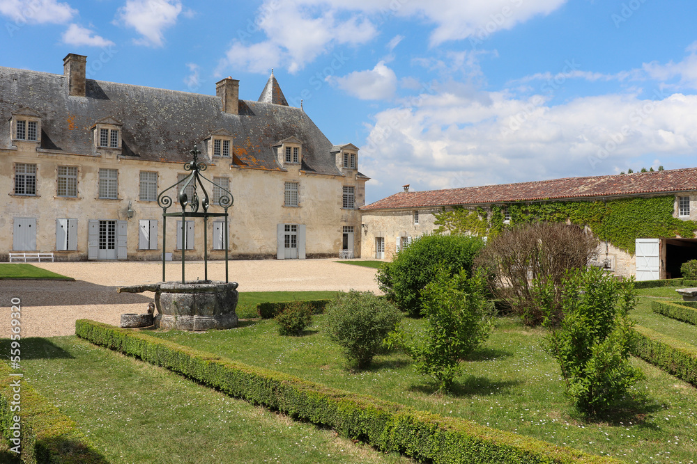 Charente-Maritime - Chateau de la Roche-Courbon - La cour du chateau et le vieux puits