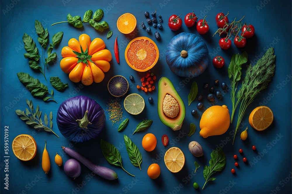 a blue surface with various fruits and vegetables on it, including ...