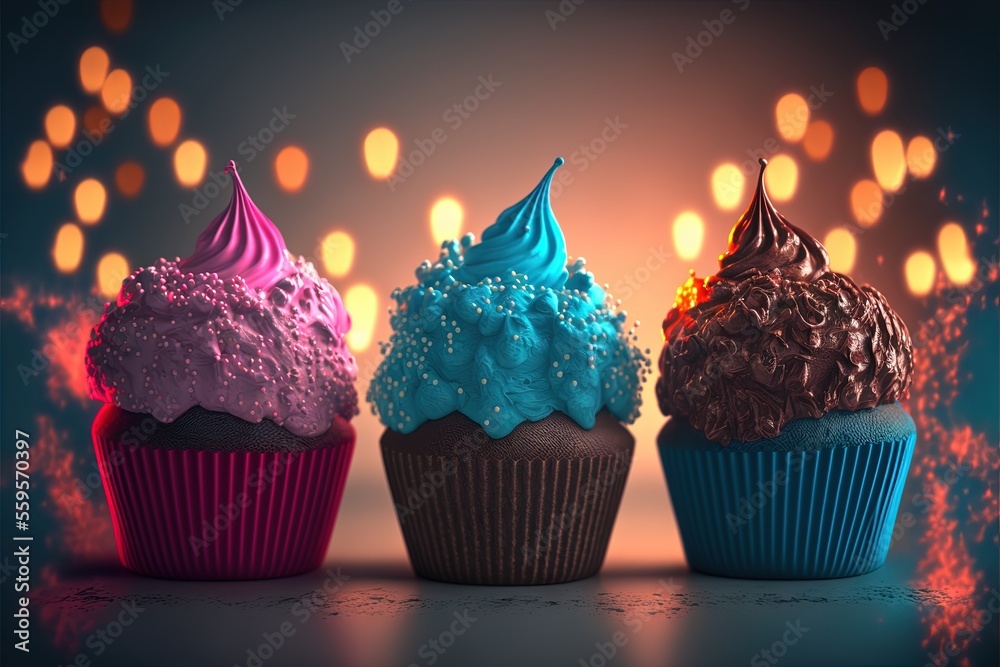 three cupcakes with different colored frosting on them are shown in a ...