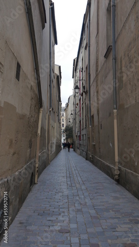 Une rue entre des immeubles historiques et anciens, dans un quartier latin de Paris, peu de passants, artisanale, ancienne ville, vide, peu de voitures