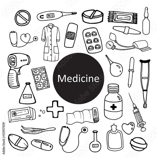 Medicine supplies and drugs set doodle vector illustrations isolated on white