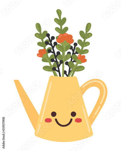Doodle Flat Clipart. Vector sticker flowers in a watering can. All Objects Are Repainted.