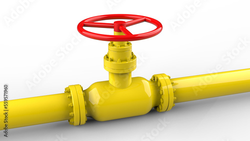 3d Render image of yellow colored pipeline and red colored valve on isolated background. Stock İmage