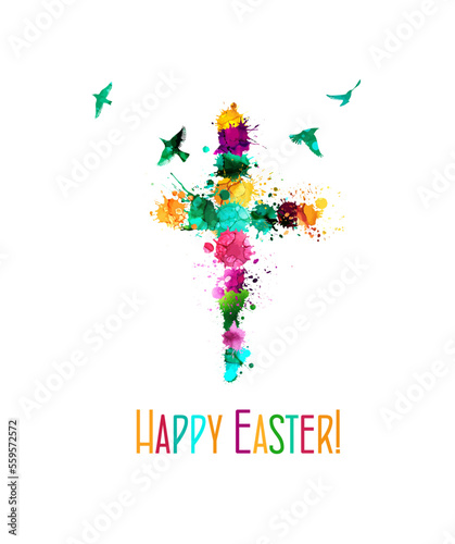 Happy easter cross colored. Flying birds. Vector illustration