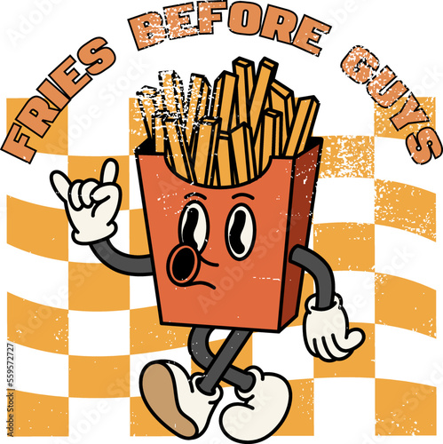 A french fries walking. Quote - Fries before guys. Happy and cheerful emotions. Old animation 60s 70s smiled mascot character. Trendy illustration in retro style. Vector on isolated background.