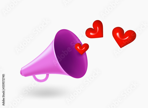 Loudspeaker with hears. Fall in love concept. 3d vector illustration