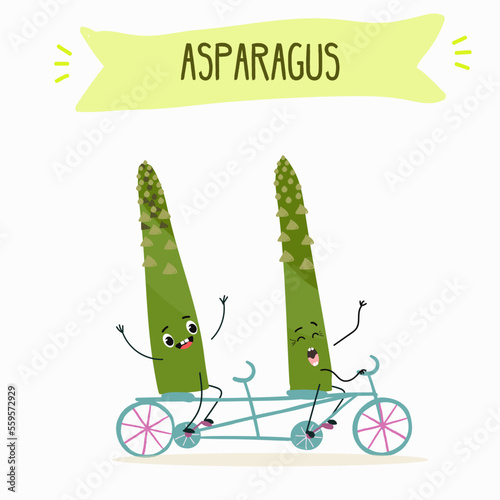 Illustration with funny asparagus characters. Funny and healthy food. Vitamins, cute face food, ingredients, vegetarianism, vector cartoon, antioxidant.