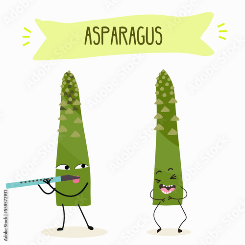Illustration with funny asparagus characters. Funny and healthy food. Vitamins, cute face food, ingredients, vegetarianism, vector cartoon, antioxidant.