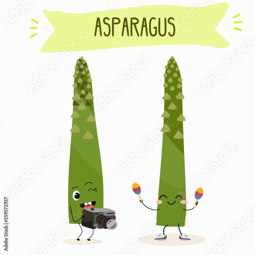 Illustration with funny asparagus characters. Funny and healthy food. Vitamins, cute face food, ingredients, vegetarianism, vector cartoon, antioxidant.
