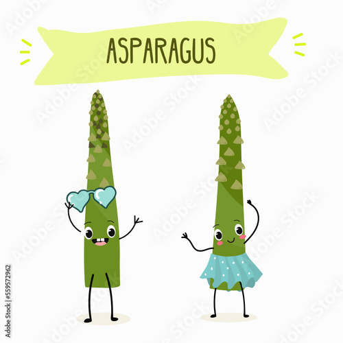 Illustration with funny asparagus characters. Funny and healthy food. Vitamins, cute face food, ingredients, vegetarianism, vector cartoon, antioxidant.