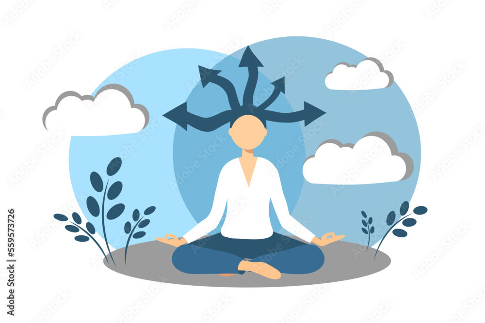 A woman in a blue sweater sits in the lotus position and meditates. Women thought differently. Choosing a life path. Different thoughts. Arrows from the head A woman in a blue sweater sits in the lotus position and meditates. Women thought differently. Choosing a life path. Different thoughts. Arrows from the head