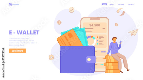 E wallet mobile application illustration vector illustration concept with character and smartphone. Concept for landing page, template, ui, web, mobile app, poster, banner, flyer.