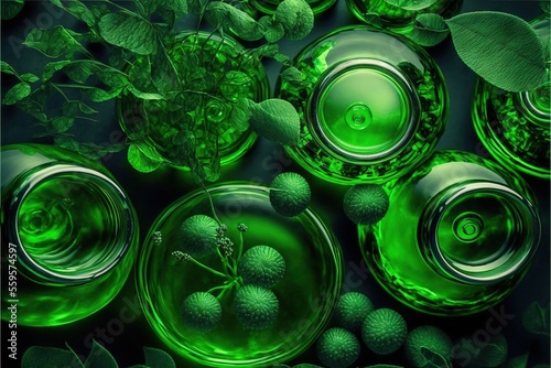 a green background with glass bowls and plants in them and a green plant in the center of the bowl and the other glass bowls in the bowl are full of water and leaves and green.